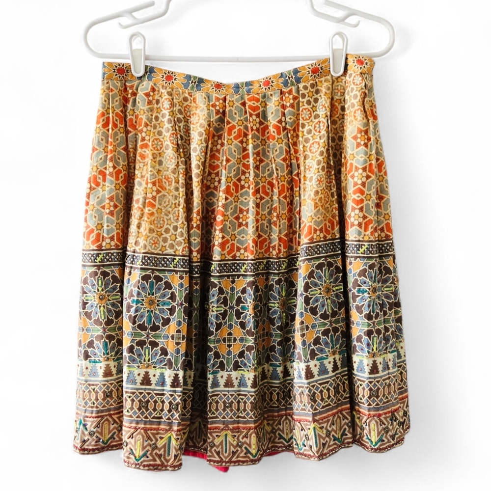 Anthro Tanvi Kedia Pleated Skirt Beaded Sequins Mixed Prints Boho Peasant sz 8